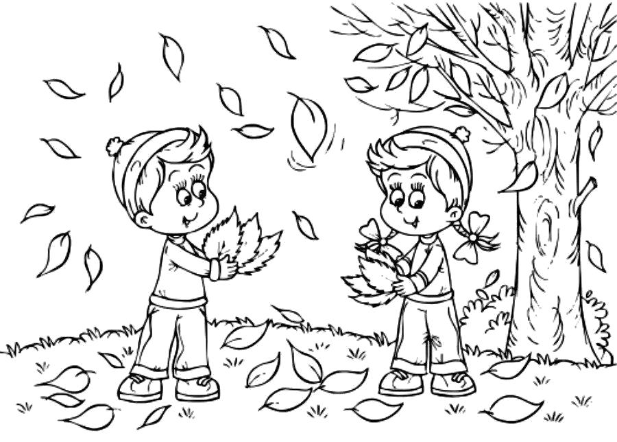 Раскраска  осень. Дети собирают листву.. Скачать Осень.  Распечатать Времена года
