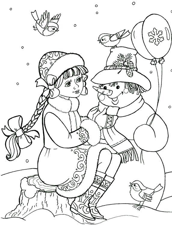 Раскраска Снегурочка сидит около снеговика.. Новый год