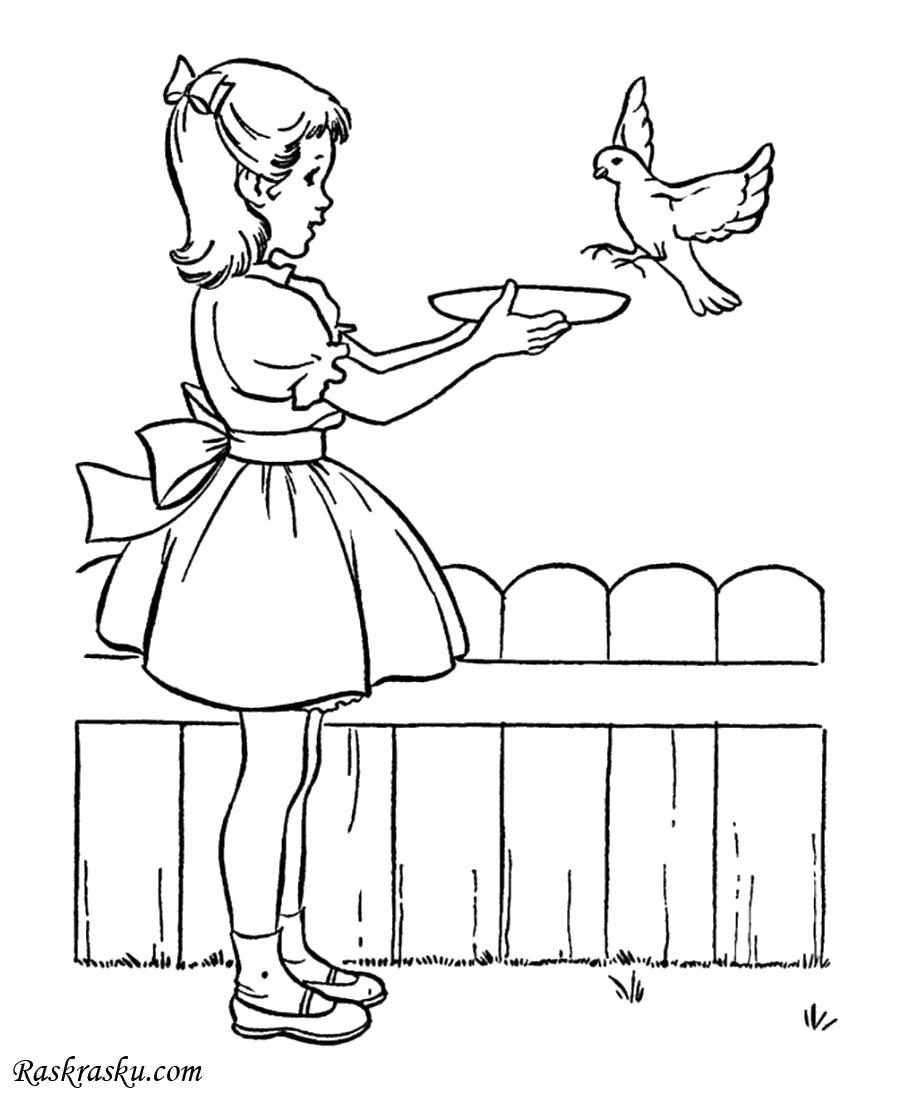 Название: Раскраска Девочка кормит птичку. Категория: Девочка. Теги: Девочка.