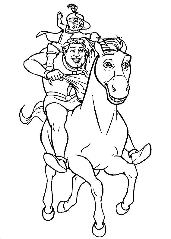 Раскраска Шрек и кот скачут на лошади спасать принцессу Фиону.  Лошадь, Шрек, Кот. шрек