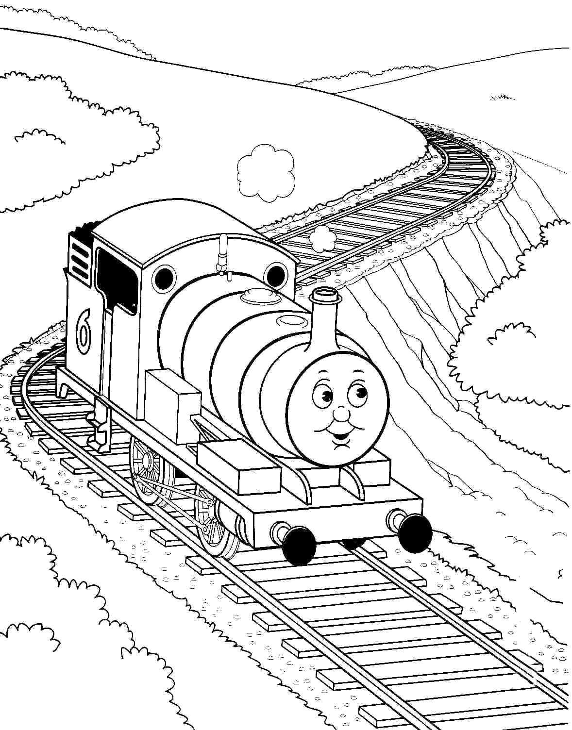 Раскраска Томас еде по рельсам. Скачать поезд.  Распечатать для мальчиков