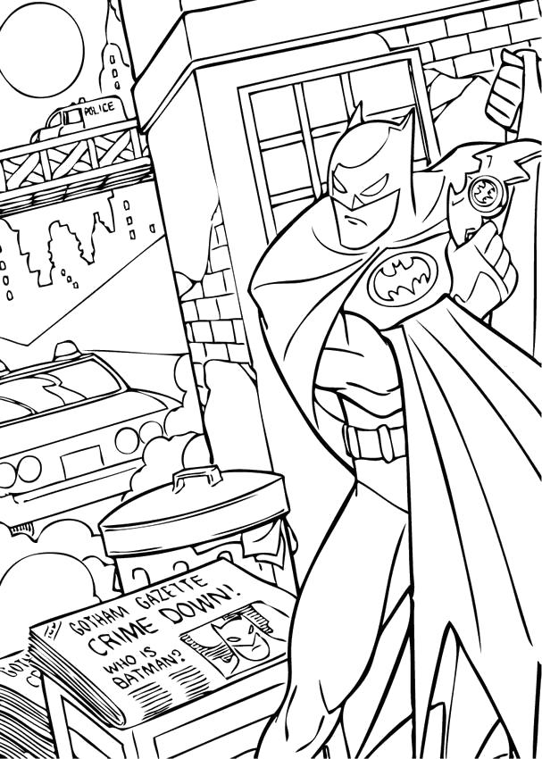 Раскраска  Бэтмен в городе. Скачать Бэтмен.  Распечатать Комиксы и супергерои