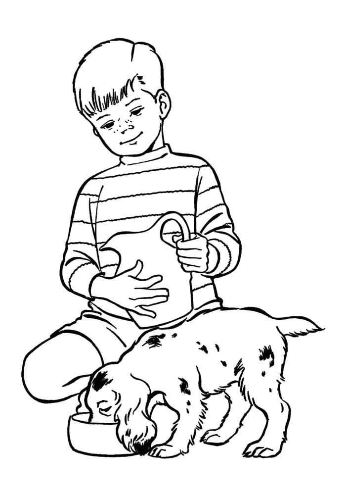 Раскраска  мальчик с собакой. Скачать Собаки.  Распечатать Собаки