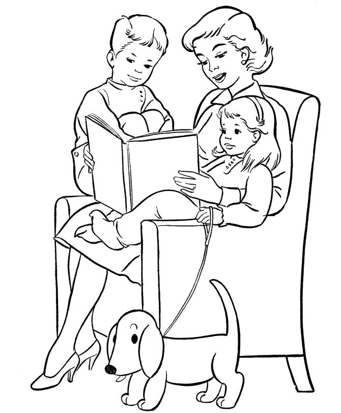Раскраска мама читает детям. День Матери