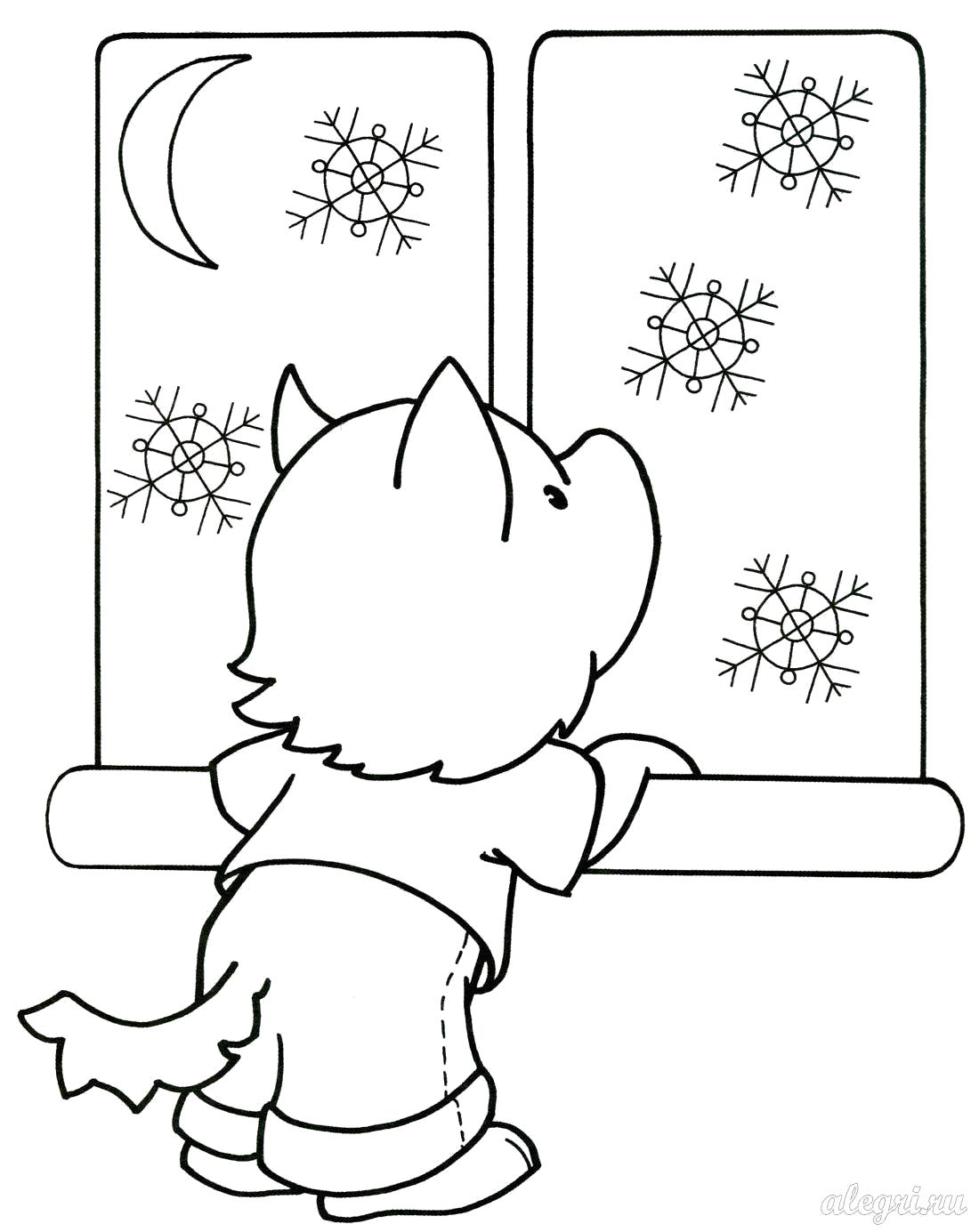 Раскраска собачка смотрит в окно, в окне снег, снежинки, луна. Зимние