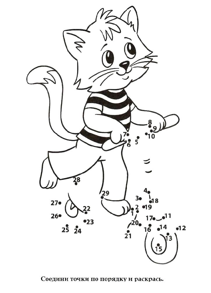Раскраска Раскраска соедини точки по цифрам кот на самокате. кот