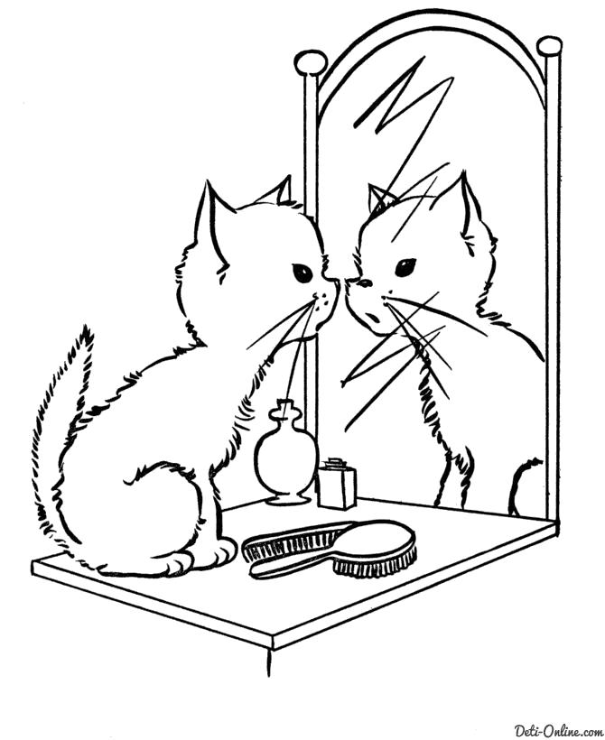 Раскраска  Кот смотрится в зеркало. Скачать кот.  Распечатать кот