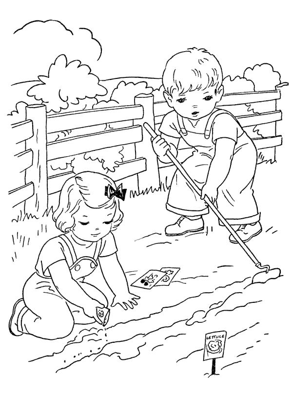 Название: Раскраска мальчик с девочкой убирают огород. Категория: Лето. Теги: Лето.