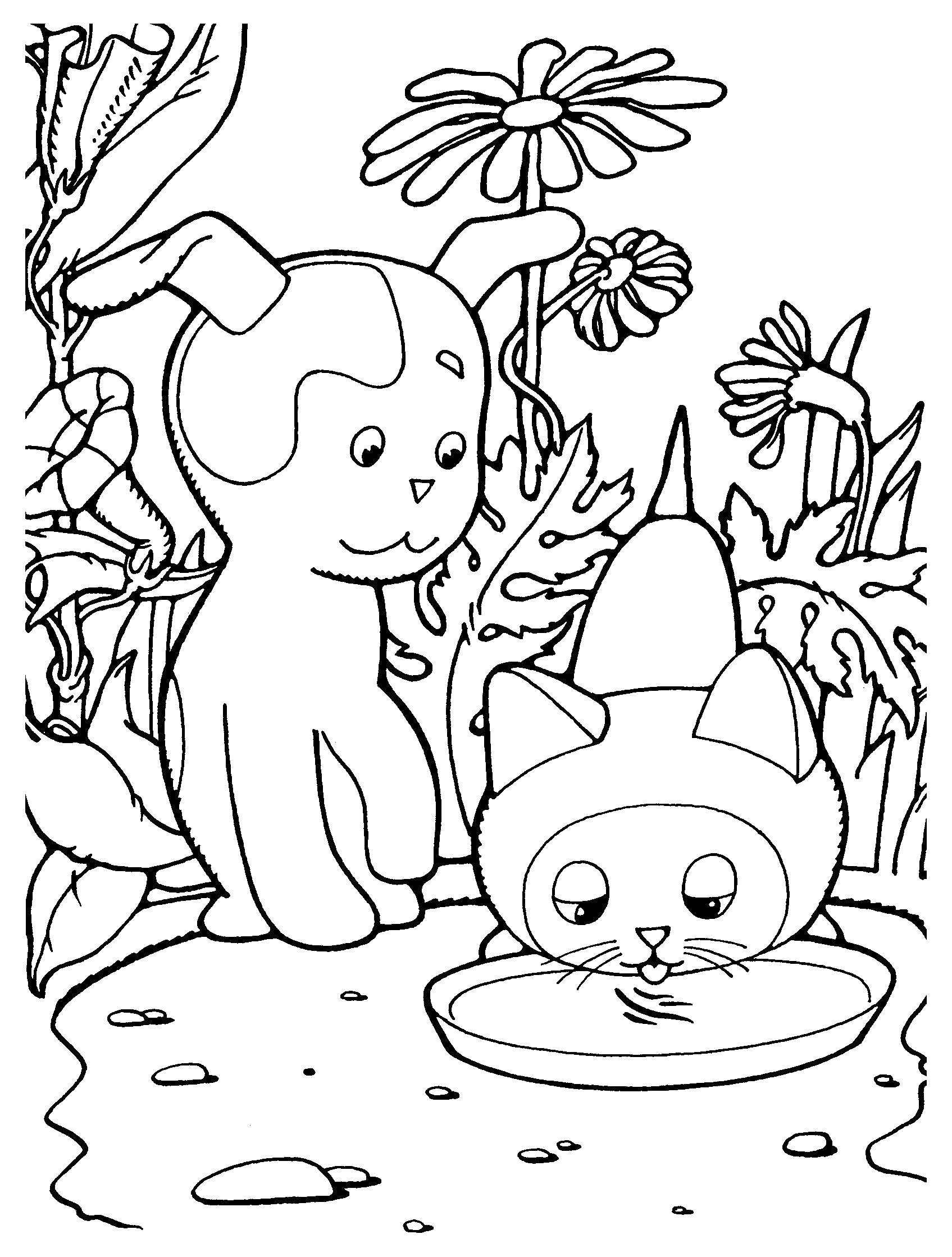 Раскраска детские картинки раскраски с мультфильмов и детские, Котенок Гав пьет из миски, собака шарик. 