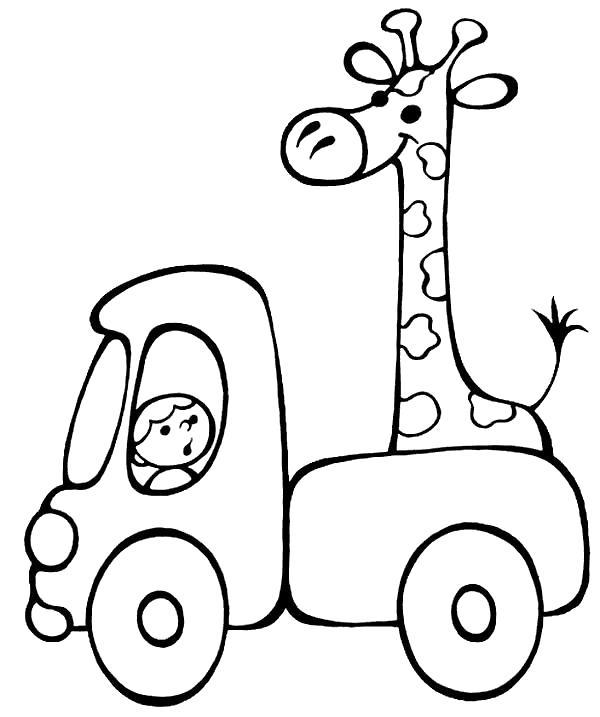 Раскраска  для маленьких детей - жирафик в грузовике. Скачать .  Распечатать 