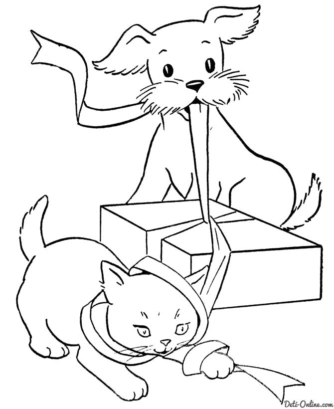 Раскраска  Кошка и собака открывают подарок. Скачать кот.  Распечатать кот