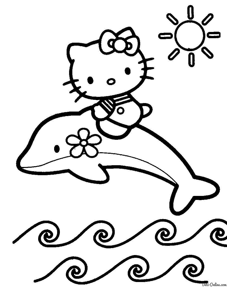 Раскраска  Китти подружилась с дельфином. 