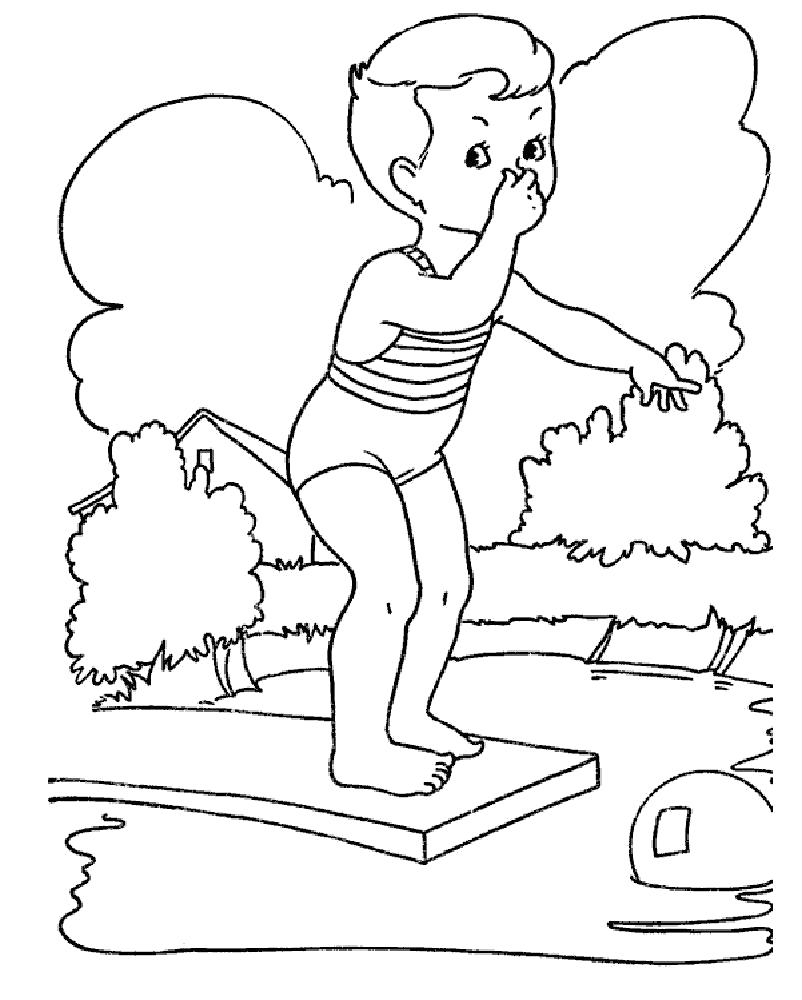 Раскраска мальчик прыгает с трамплина в басеин. Лето