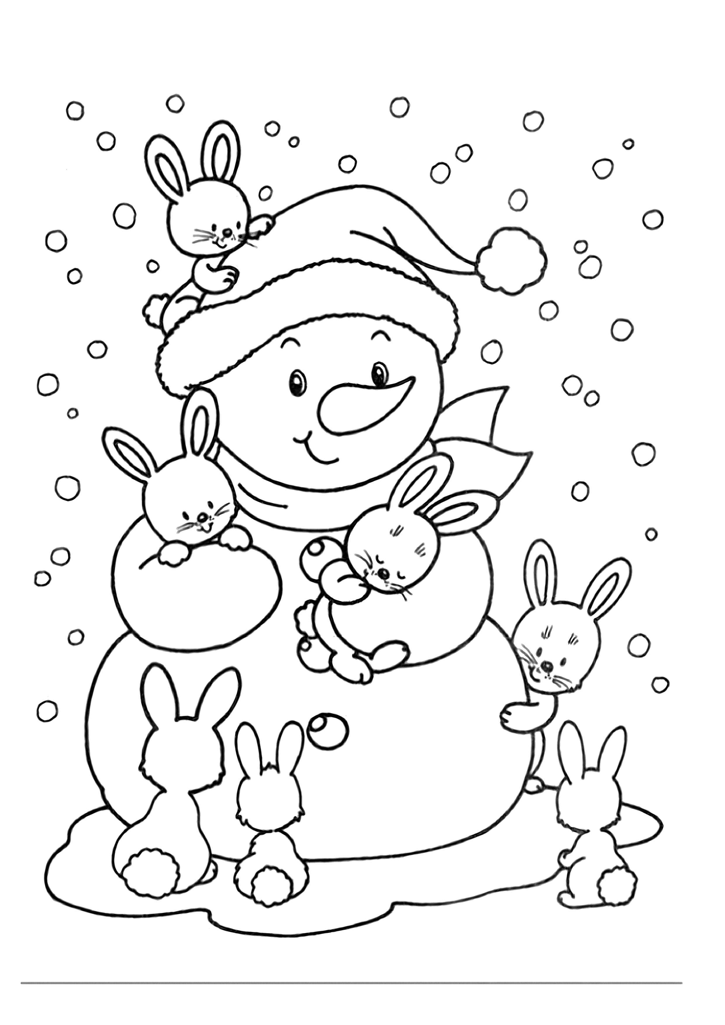 Раскраска снеговик с зайцами. Скачать снеговик.  Распечатать Зима