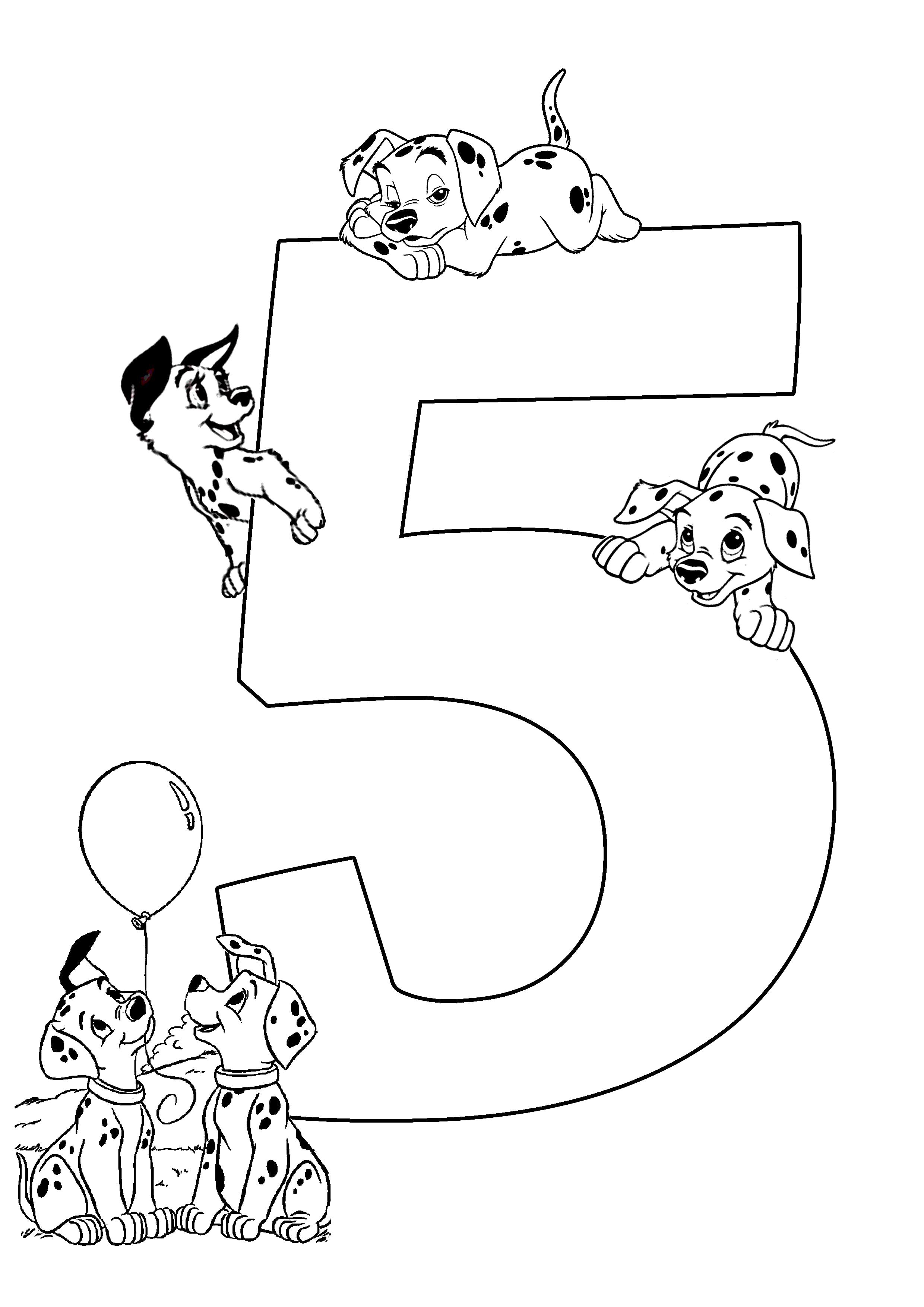 Раскраска Веселый счет пять далматинцев. Скачать с цифрами.  Распечатать с цифрами