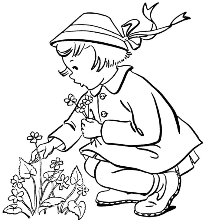 Раскраска девочка собирает цветы. Девочка
