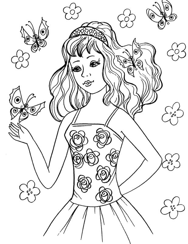Раскраска Раскраски бабочки Девочкам, девочка, платье, лето, бабочки. Насекомые