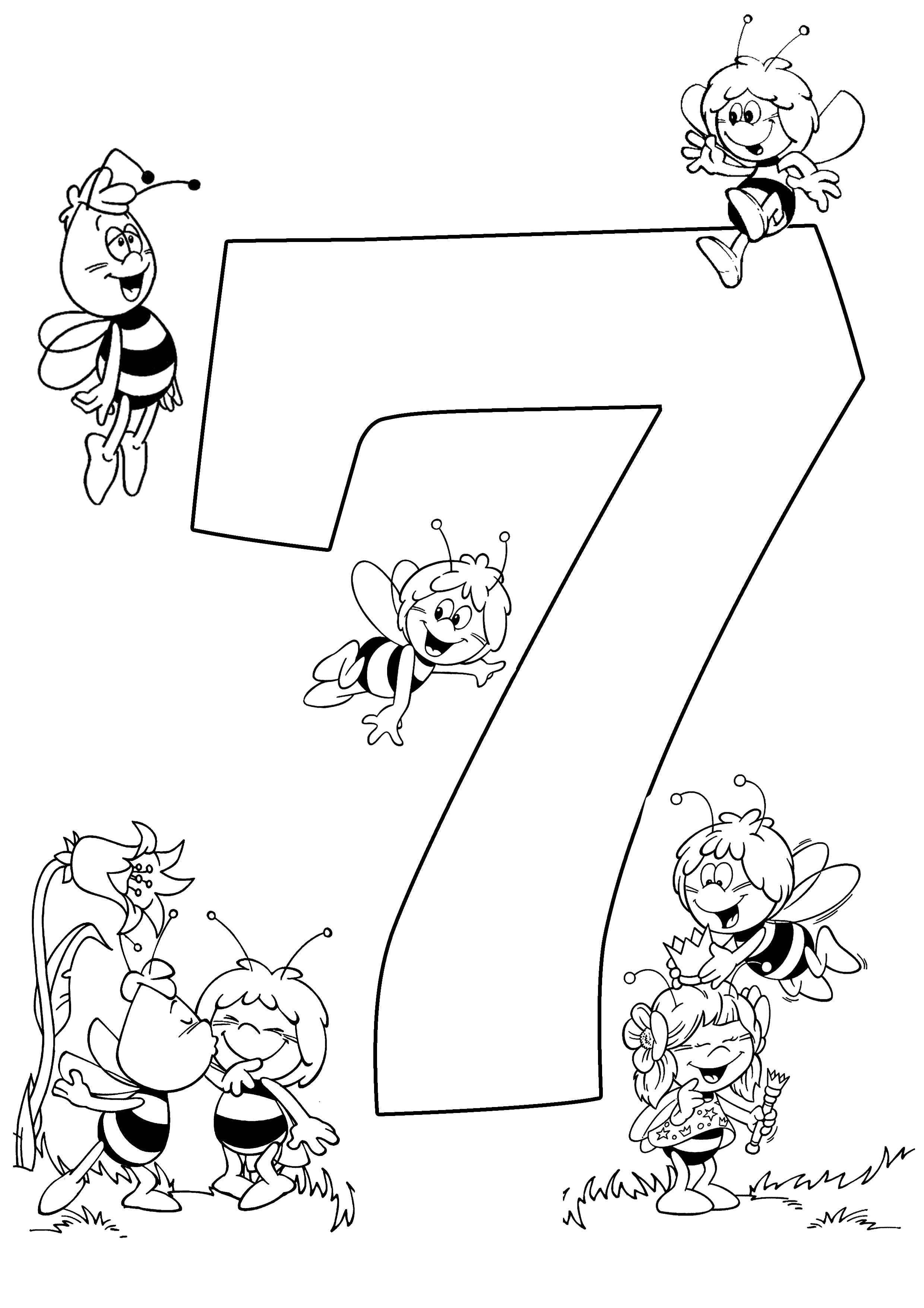 Раскраска Веселый счет семь пчелок. Скачать с цифрами.  Распечатать с цифрами