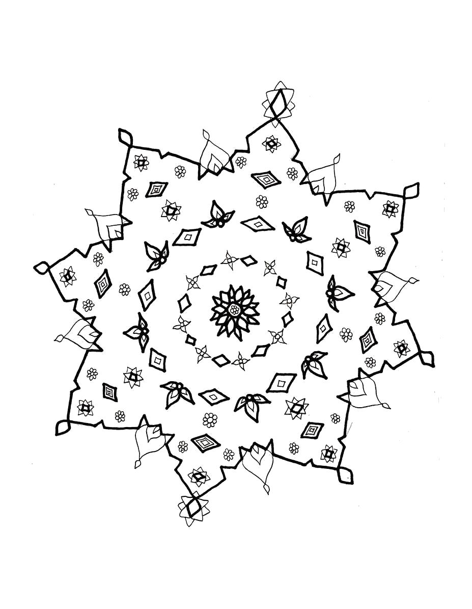 Раскраска Раскраски снежинки снежинка с треугольными краями. снежинка