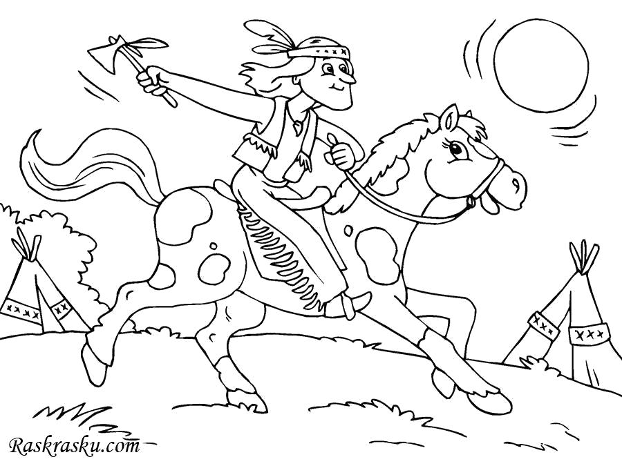 Раскраска Индеец на коне. Скачать Лошадь.  Распечатать Лошадь