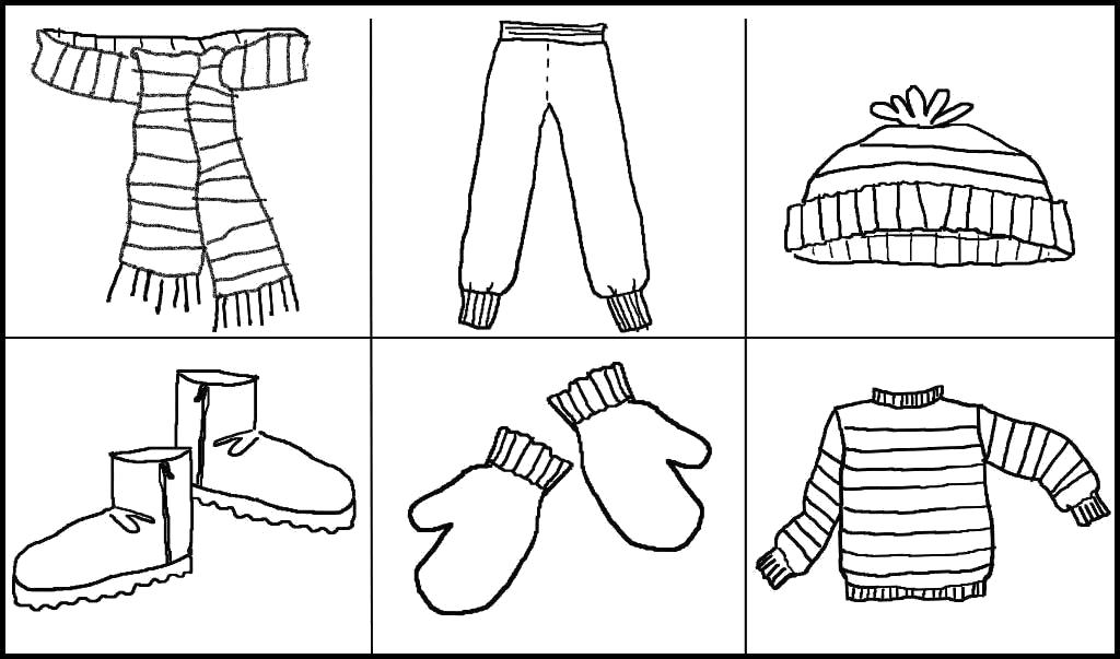 Раскраска Картинки зимняя одежда, кота, шапка, варежки, штаны, ботинки, шарф. Зимняя одежда