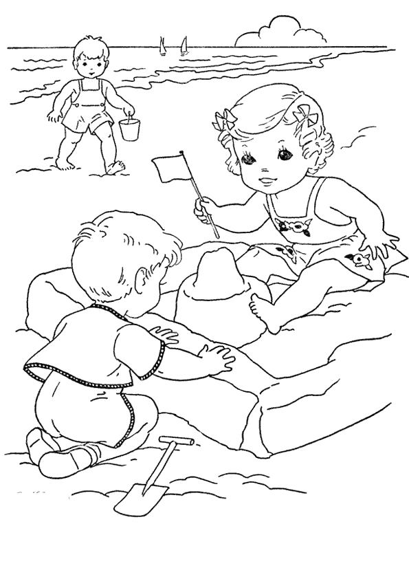 Раскраска маленькие детки играют в песочнице. Лето