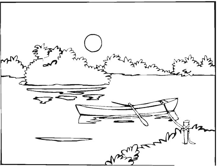 Раскраска Лето  пейзаж  пейзаж речка,лодка с веслами,солнце . Скачать Лето.  Распечатать Лето