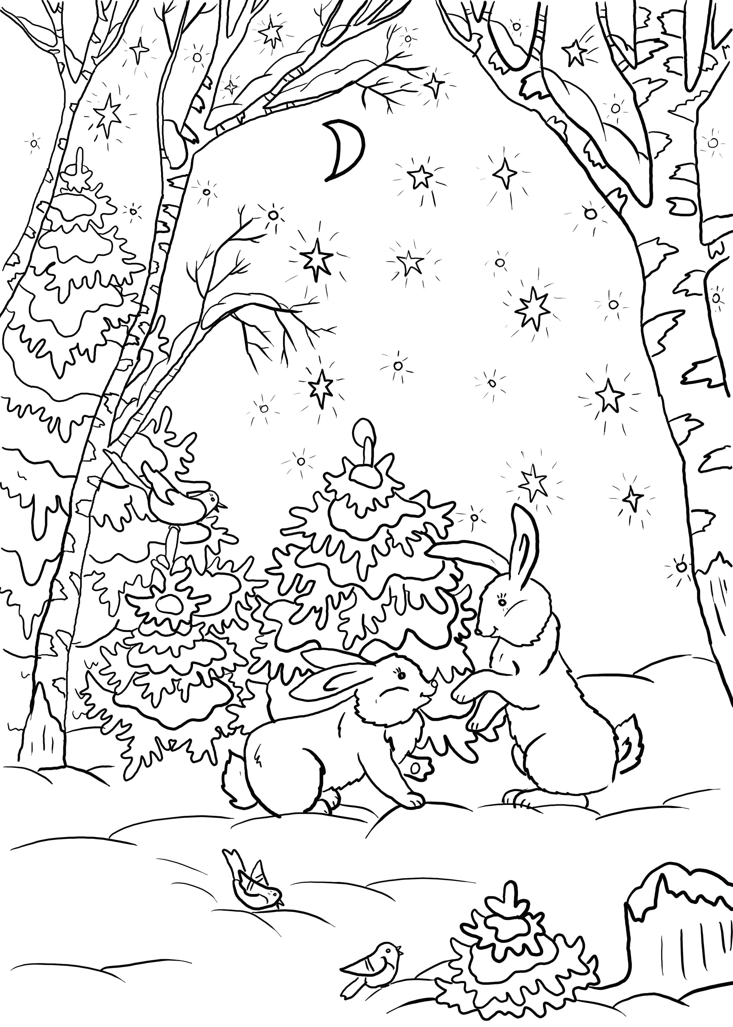 Раскраска зайчики гуляют по лесу. Скачать новогодние.  Распечатать новогодние