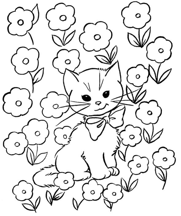 Раскраска Кошечка в цветах. 