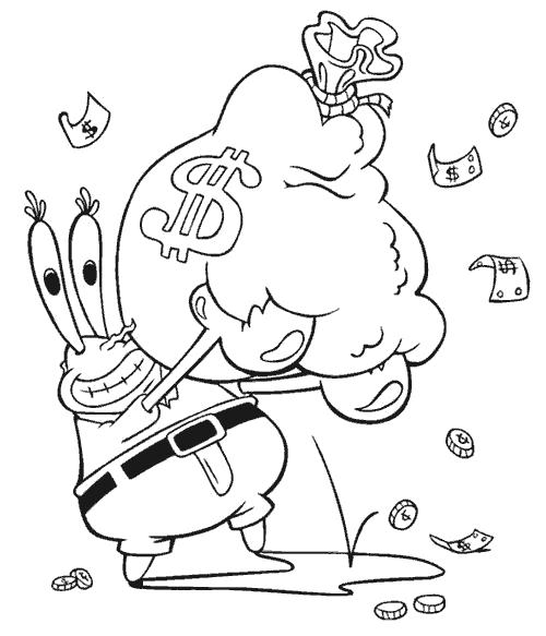 Раскраска Мистер Крабс обожает деньги. Спанч боб