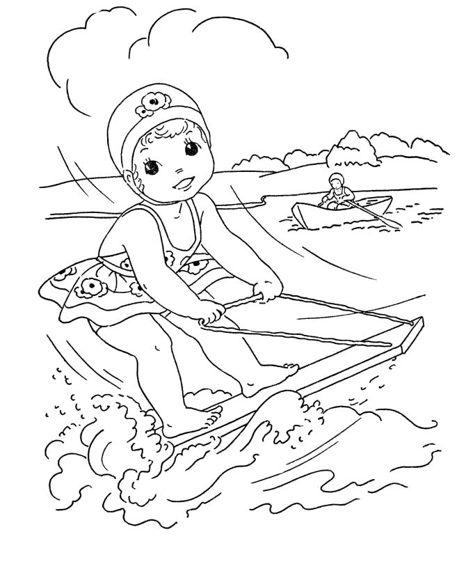 Раскраска Смотреть раскраску дети летом, катание на доске по волнам, лодка . Скачать Лето.  Распечатать Лето
