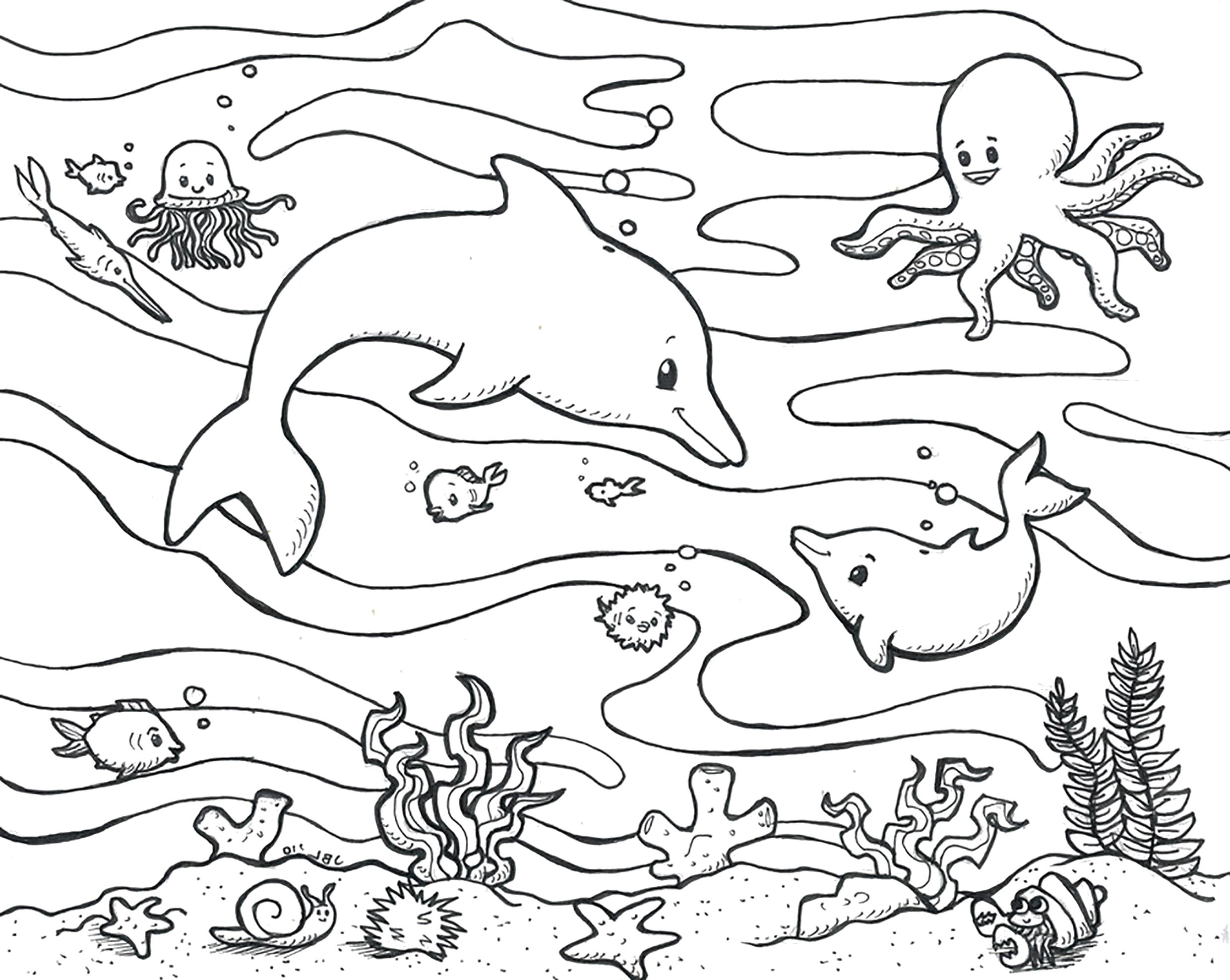 Раскраска Обитатели морских глубин . Скачать Дельфин, осьминог.  Распечатать Морские животные