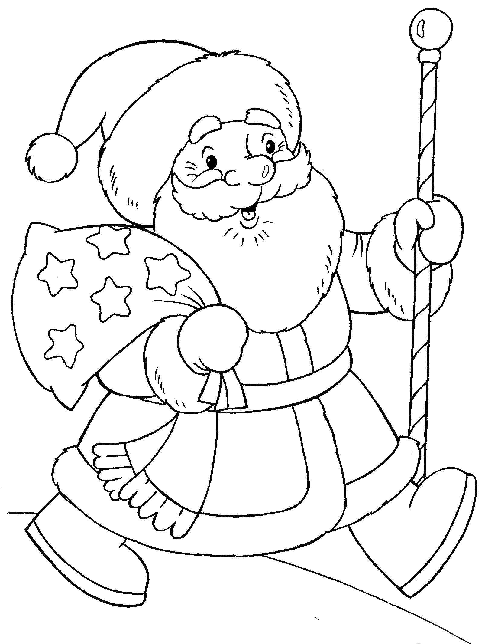Раскраска Дед МОроз бежит с мешком подарков. Скачать дед мороз с подарками.  Распечатать Дед мороз