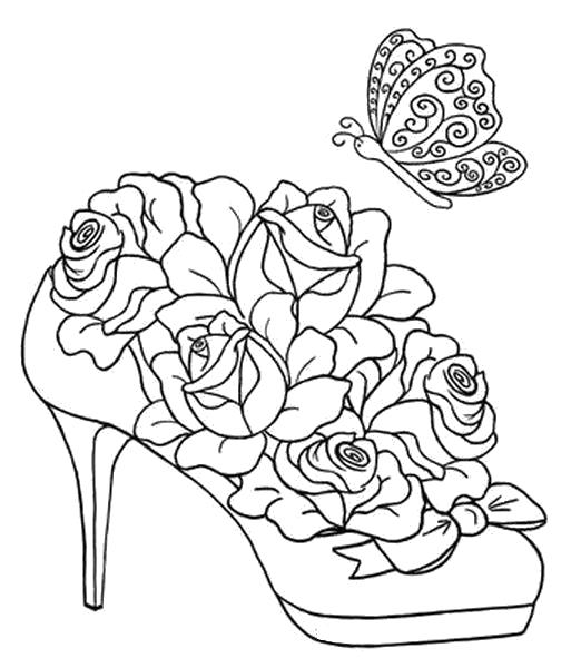 Раскраска Туфелька розы и бабочка. Рисунок для росписи. Скачать .  Распечатать 