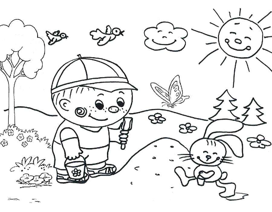 Название: Раскраска мальчик играет в песочнице с зайчиком. Категория: Лето. Теги: Лето.
