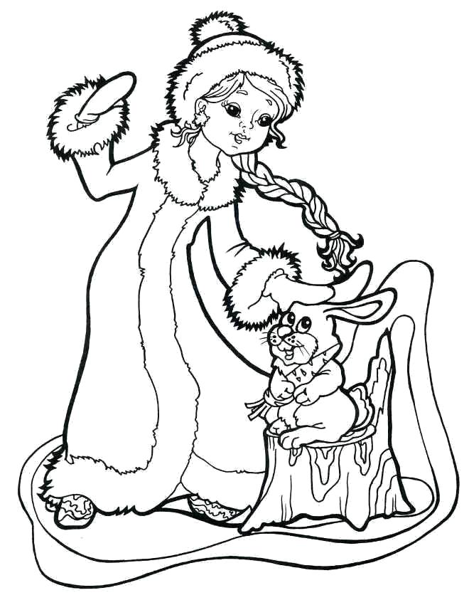 Раскраска Снегурочка в лесу с зайцем.. Скачать Снегурочка.  Распечатать Новый год