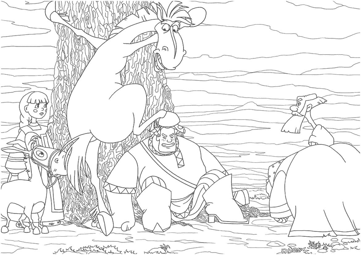Раскраска Алеша Попович и Тугарин Змей, Юрий залез на дерево, Алеша под деревом сидит. 