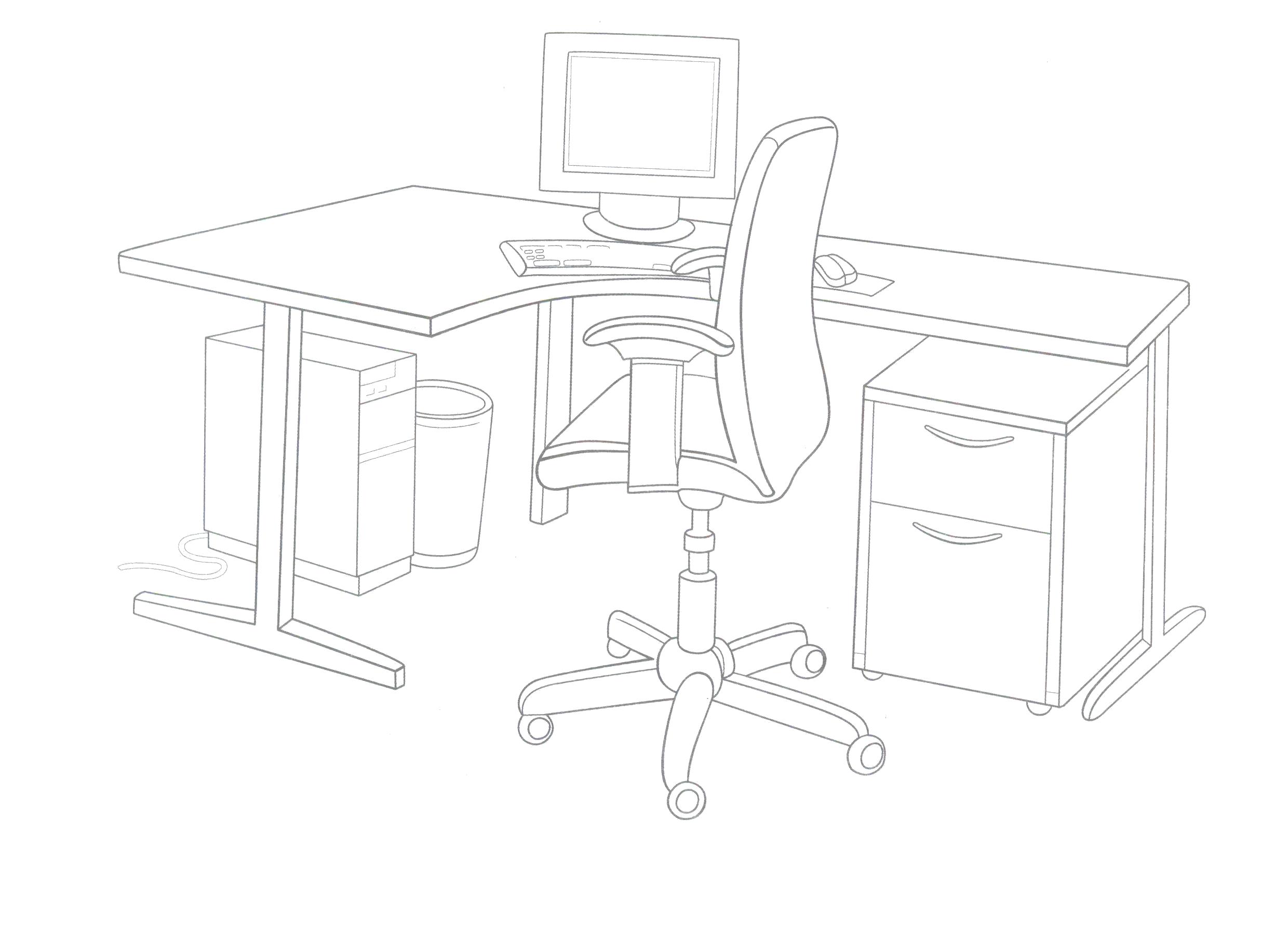 Название: Раскраска Прикрепленное изображение. компьютерный стол со стулом. Категория: мебель. Теги: мебель.