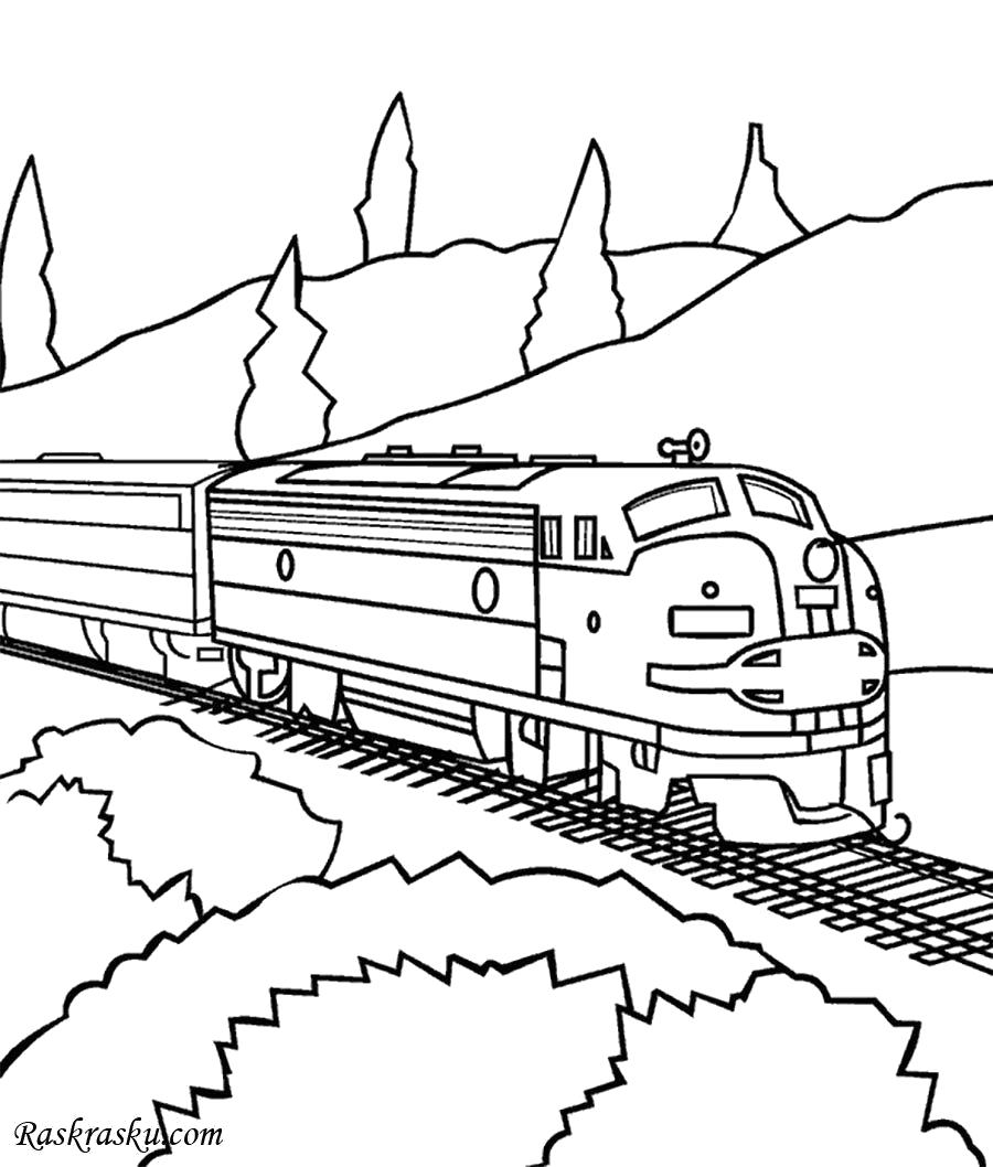 Раскраска Поезд в горах. Скачать поезд.  Распечатать для мальчиков