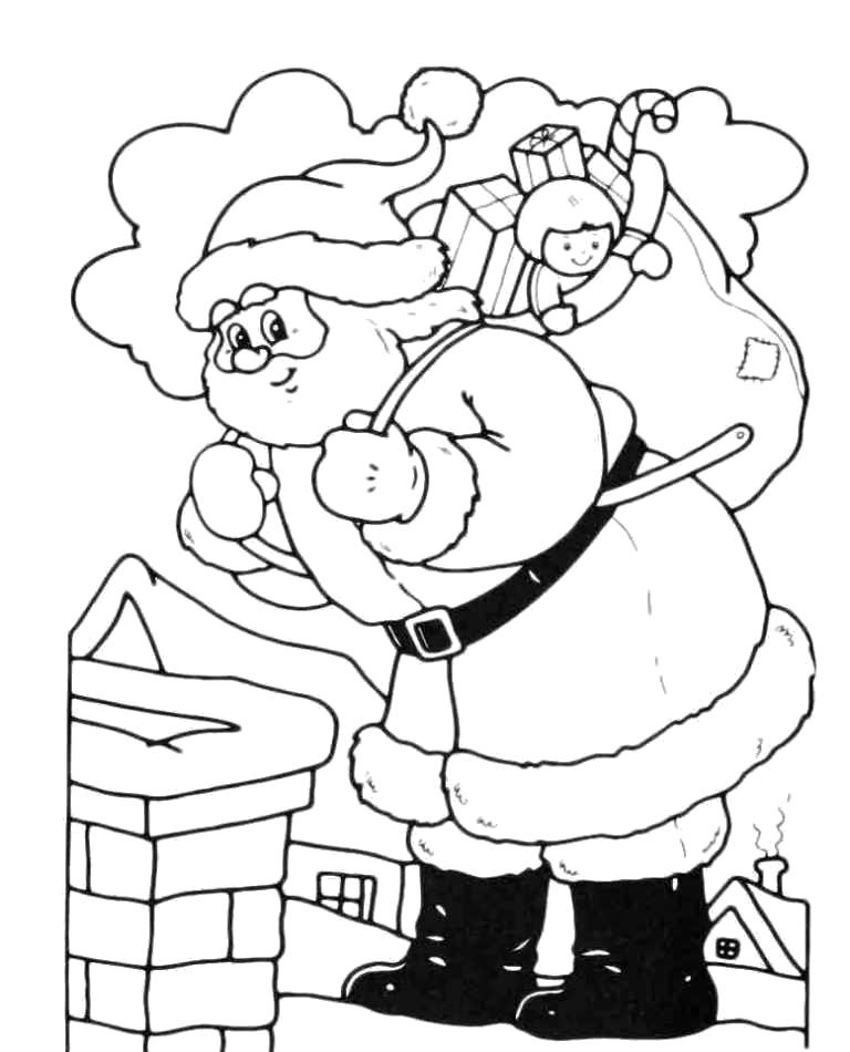 Раскраска Дед мороз лезет в трубу с подарками.. Новый год