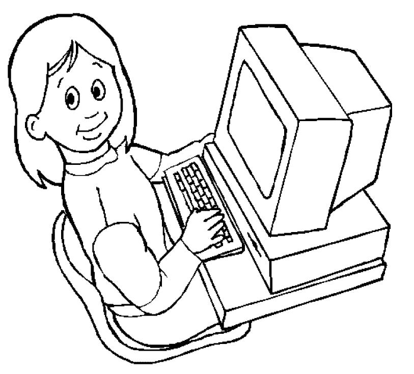 Раскраска девочка работает за компом. Компьютер