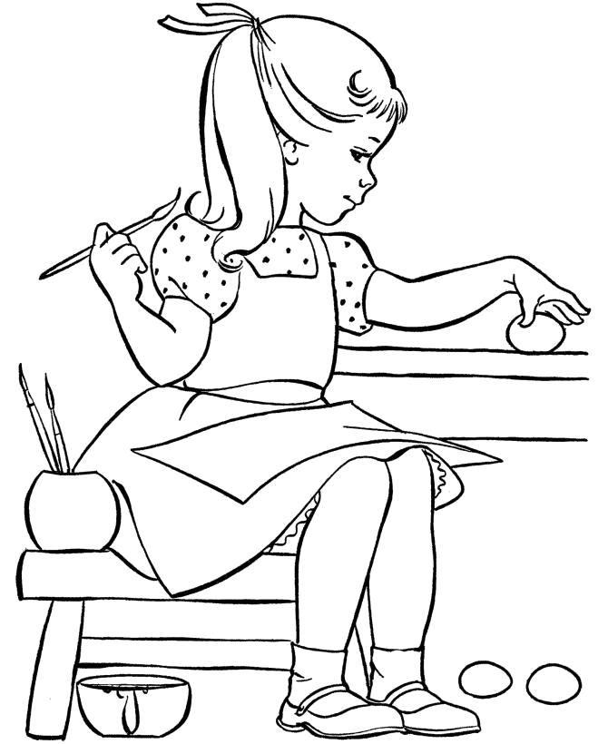 Раскраска  к Пасхе | Девочка раскрашивает яйца. Скачать на Пасху.  Распечатать на Пасху
