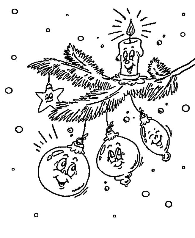 Раскраска Рождественская веточка с игрушками. 