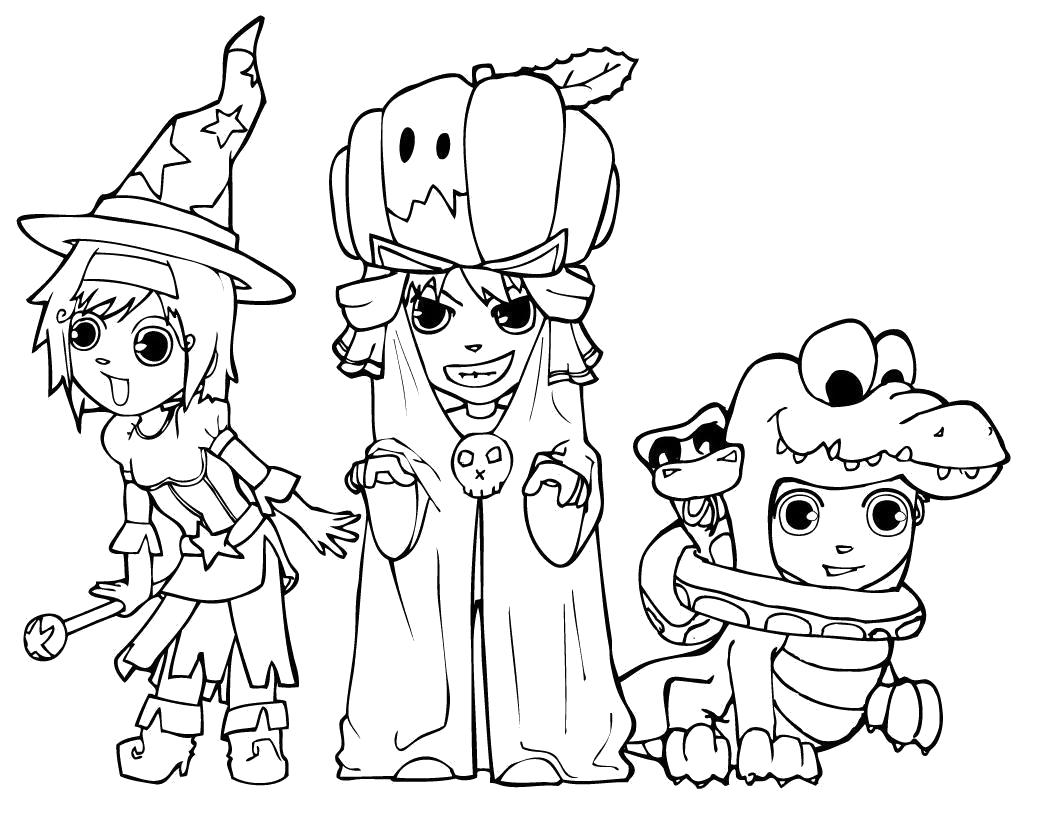 Раскраска Дети в костюмах на Хэллоуин. Скачать ведьма, приведение, монстр.  Распечатать Хэллоуин