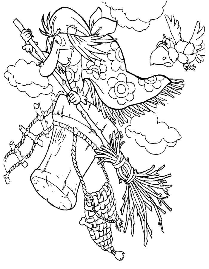 Раскраска  Баба Яга в ступе и ворона. 