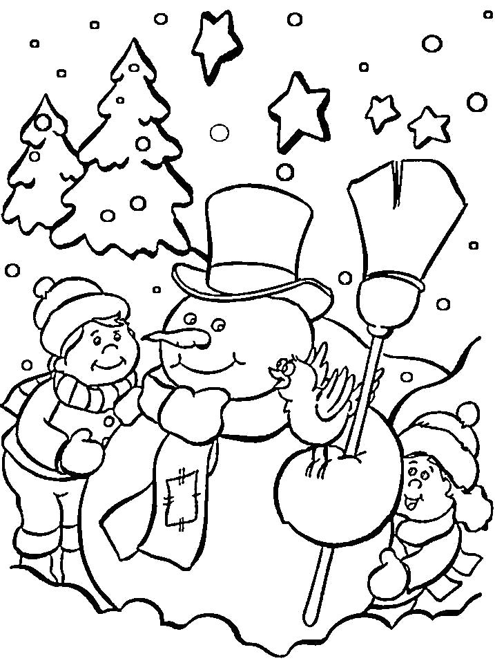 Раскраска  новогодние, ребята и снеговик. Скачать новогодние.  Распечатать новогодние