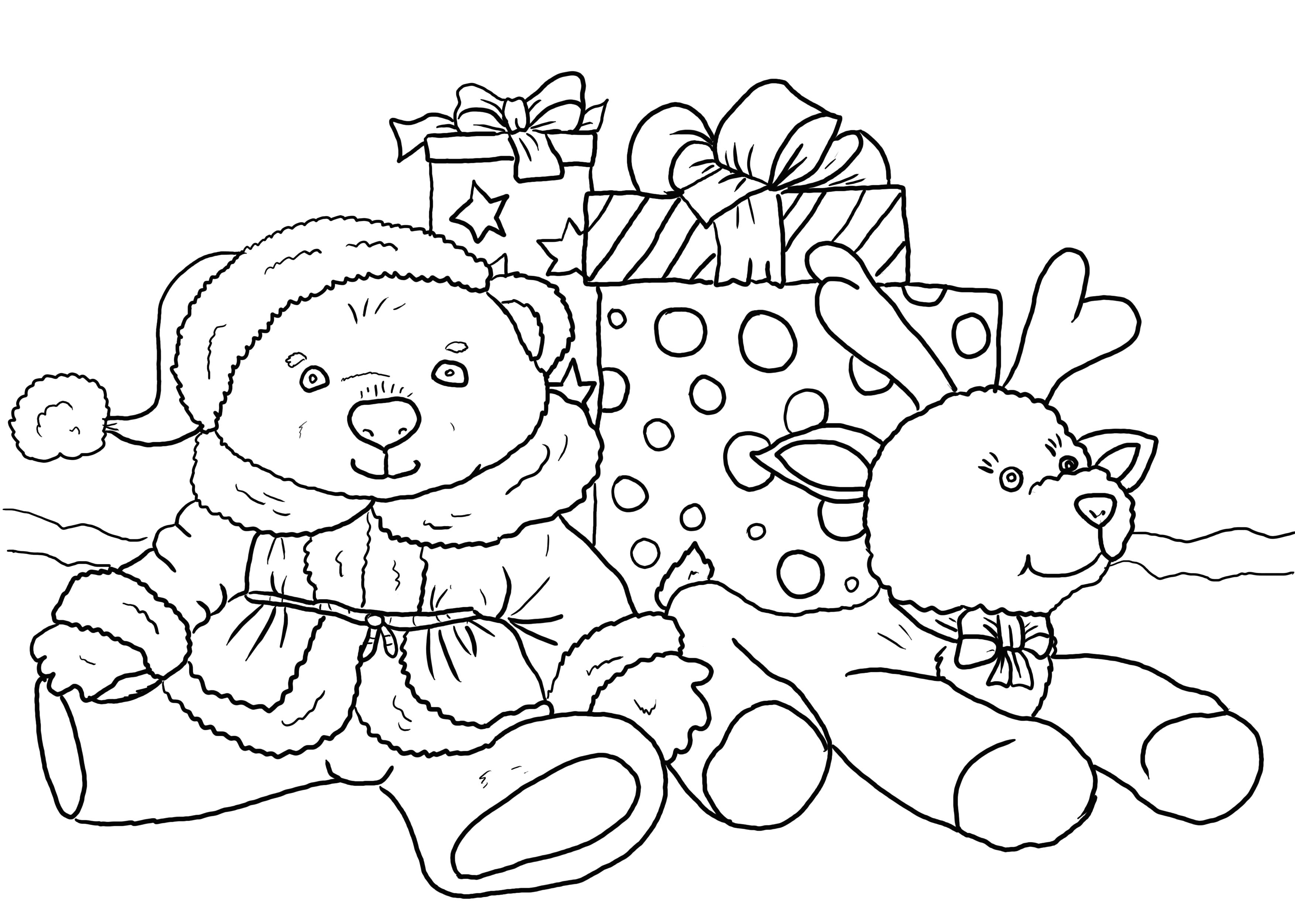 Раскраска игрушечный мишка и олененок. Скачать новогодние.  Распечатать новогодние