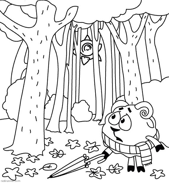 Раскраска  Бараш. Мультфильм Смешарики. бараш в осеннем лесу с зонтом. Скачать Бараш.  Распечатать Смешарики