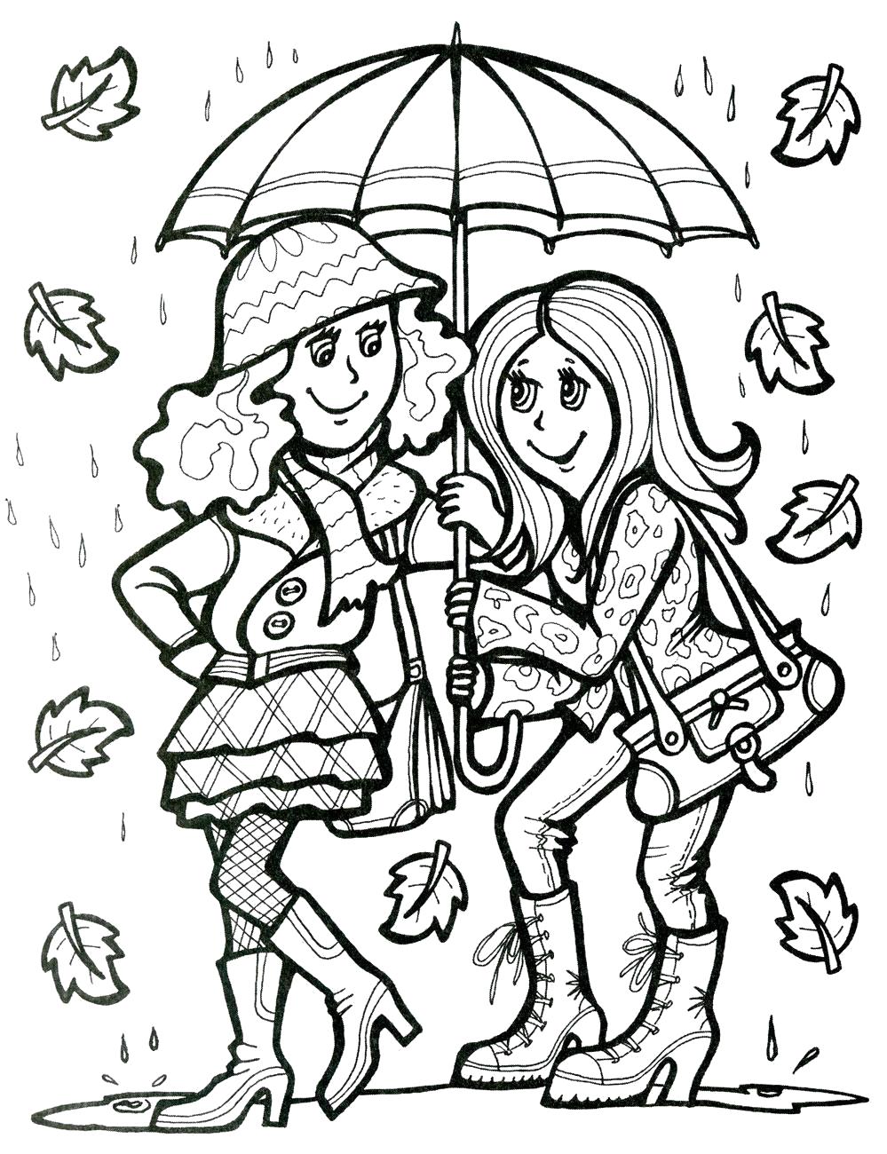 Раскраска . Осень. Девочки под зонтом. Скачать Осень.  Распечатать Времена года