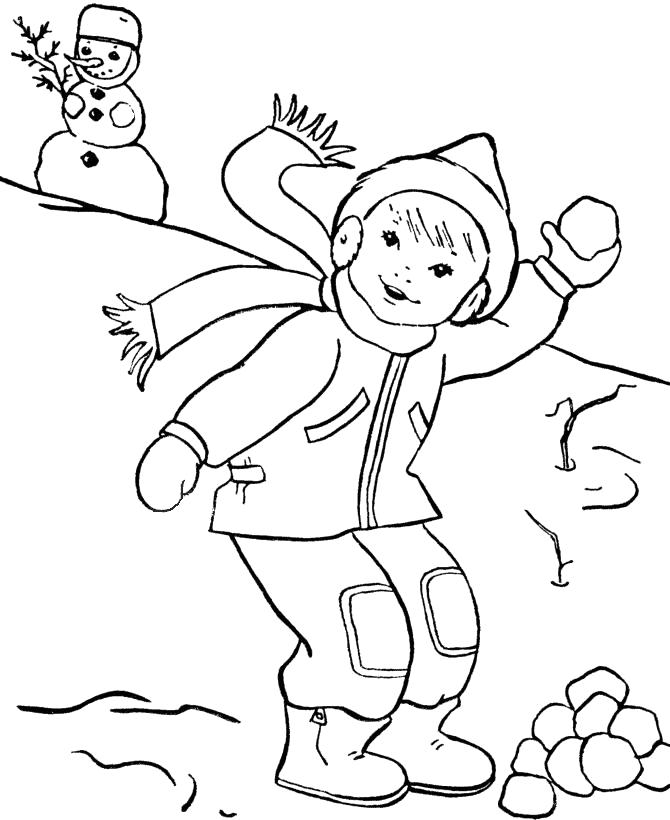 Раскраска девочка играет в снежки. Скачать снежки, снеговик.  Распечатать Зима